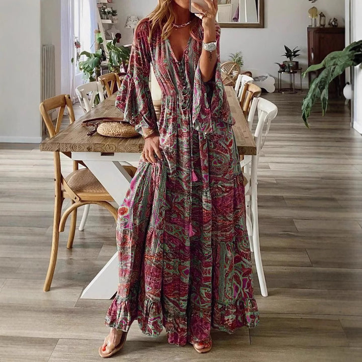 Damen Boho Maxikleid mit Paisley-Print, V-Ausschnitt, Stufenrock und Bindegürtel Drune