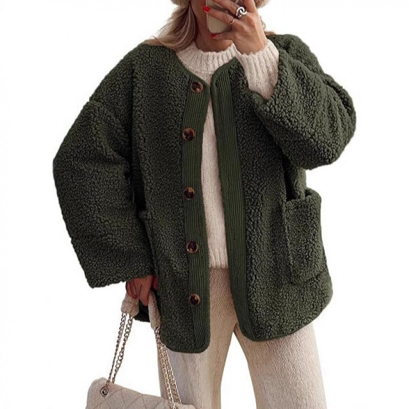 Damen Kuschelige Teddyjacke mit Knopfverschluss und aufgesetzten Taschen Drune