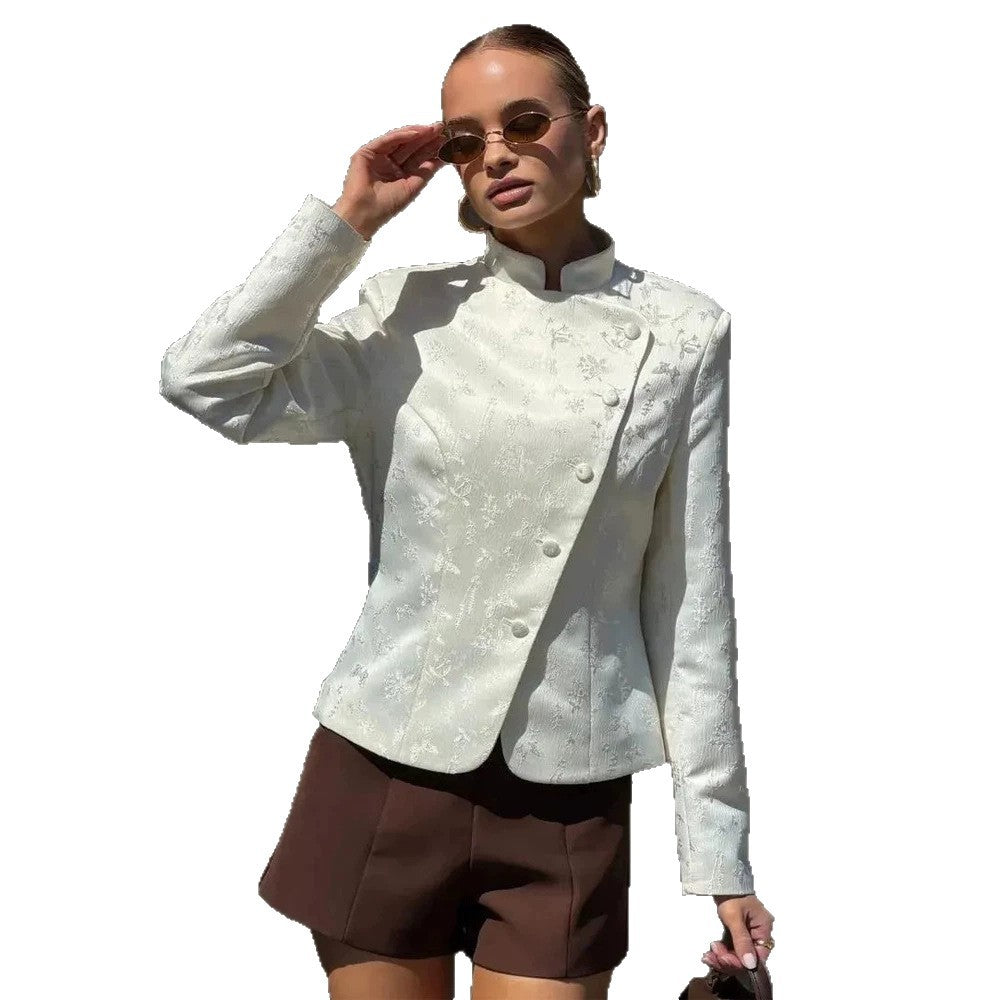 Damen Taillierter Jacquard-Blazer mit überlappendem Revers und dekorativen Knöpfen Drune