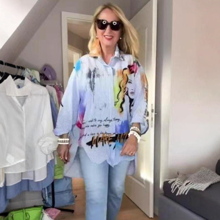 Damen nan kunstvoll bedruckte weit geschnittene Hemdbluse mit Popartmotiv und Nadelstreifen Drune