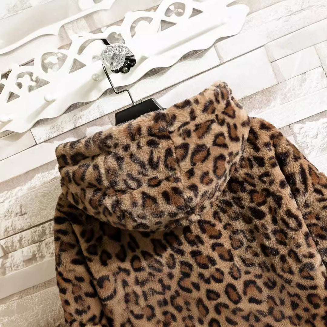 Damen kuschelige Fleecejacke mit Leopardenmuster und Kapuze Drune