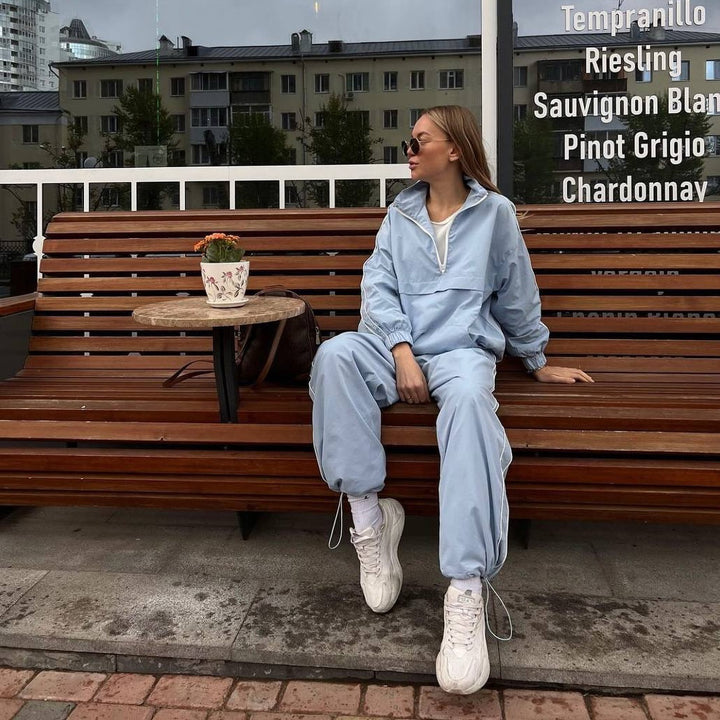 Damen Zweiteiliges Sportliches Jogging-Set mit halbem Reißverschluss, Paspelierung und elastischer Bundhose Drune