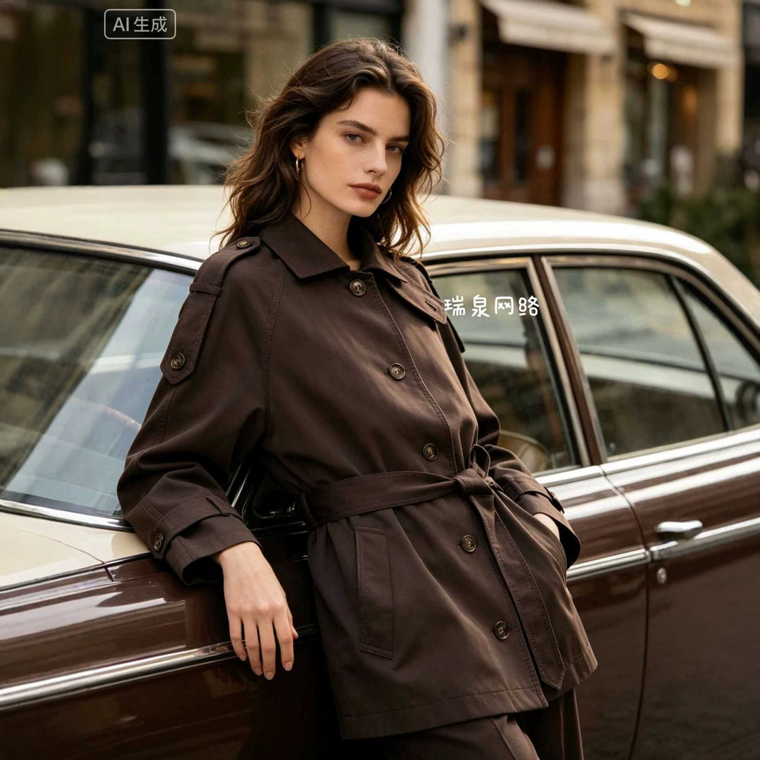 Damen Kurzer Cape‑Trench mit Bindegürtel und Epauletten Drune