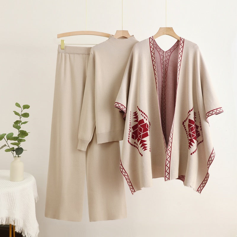 Damen Strick-Loungewear-Set mit außergewöhnlichem Poncho-Stil Drune