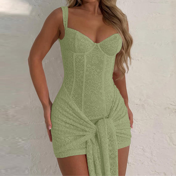 Damen Elegantes Kleid mit Spitzenverzierungen und Raffungsdetails Drune
