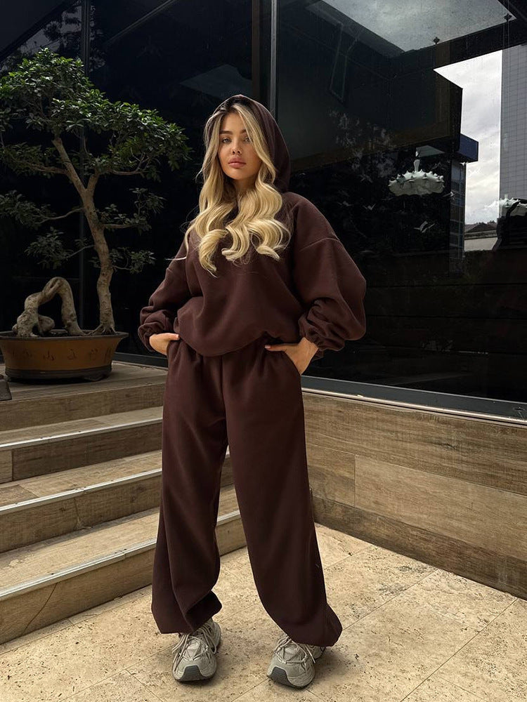 Damen oversized Kapuzen-Sweatshirt mit Ballonärmeln und weite High-Waist Jogginghose Drune