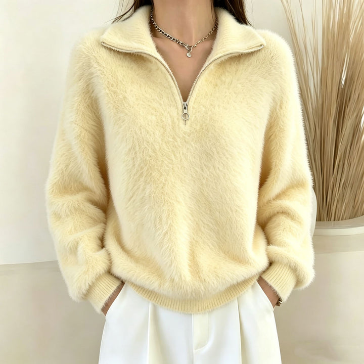 Damen Flauschiger Halbzipp-Pullover mit Stehkragen Drune