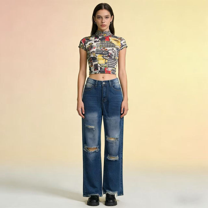 Damen weite Jeans mit stylischem Destroyed-Detail und bequemer Passform Drune