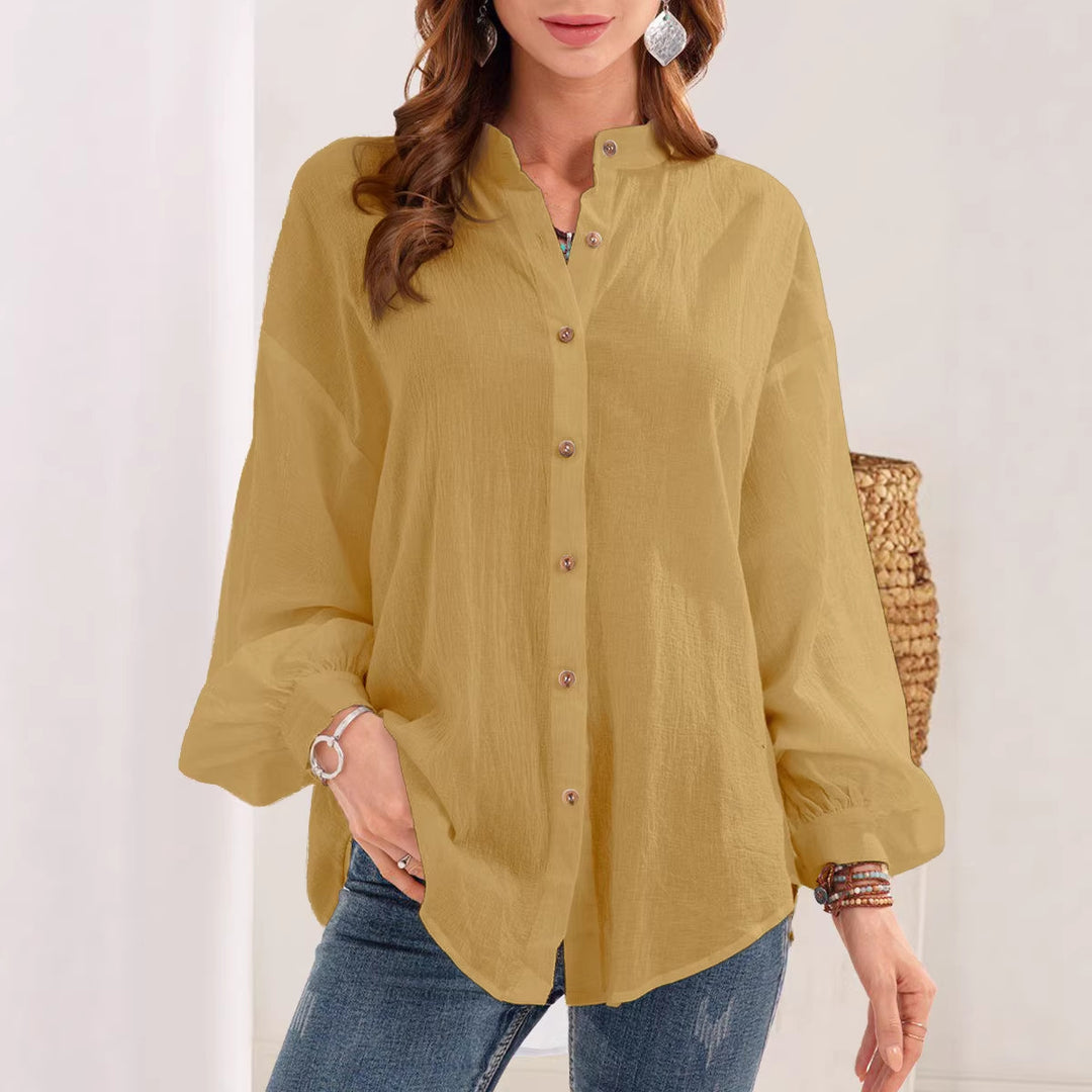 Damen Lose Crinkle Bluse Top mit Stehkragen und Ballonärmeln Drune
