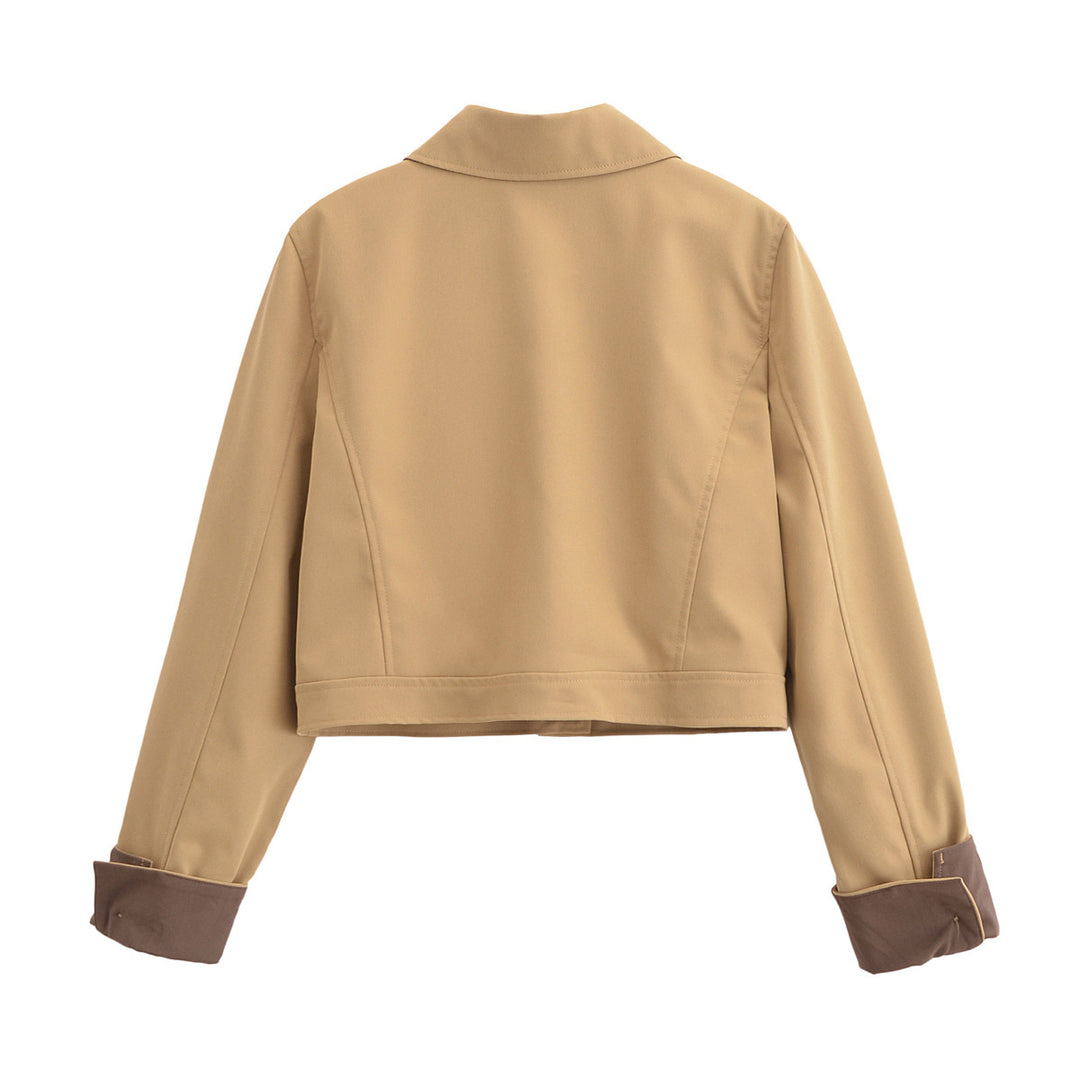 Damen Cropped Utility-Jacke mit Hemdkragen, kontrastierten Umschlagmanschetten und durchgehender Knopfleiste Drune