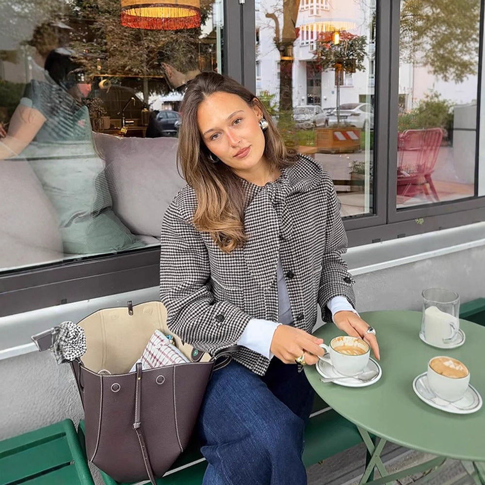 Damen Kurzjacke im Hahnentrittmuster mit Schleifenkragen Drune