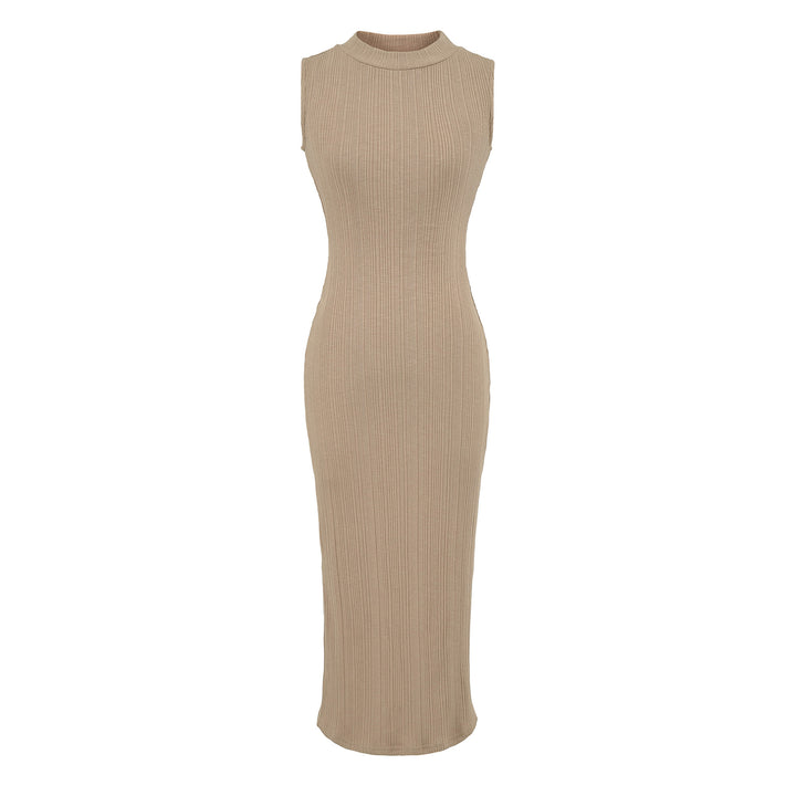 Damen Midikleid in Rippstrick, ärmelloses Slim‑Fit mit Stehkragen Drune