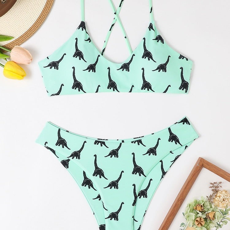 Damen Triangel-Bikini mit verspieltem Dinosaurier-Muster und verstellbaren Trägern Drune