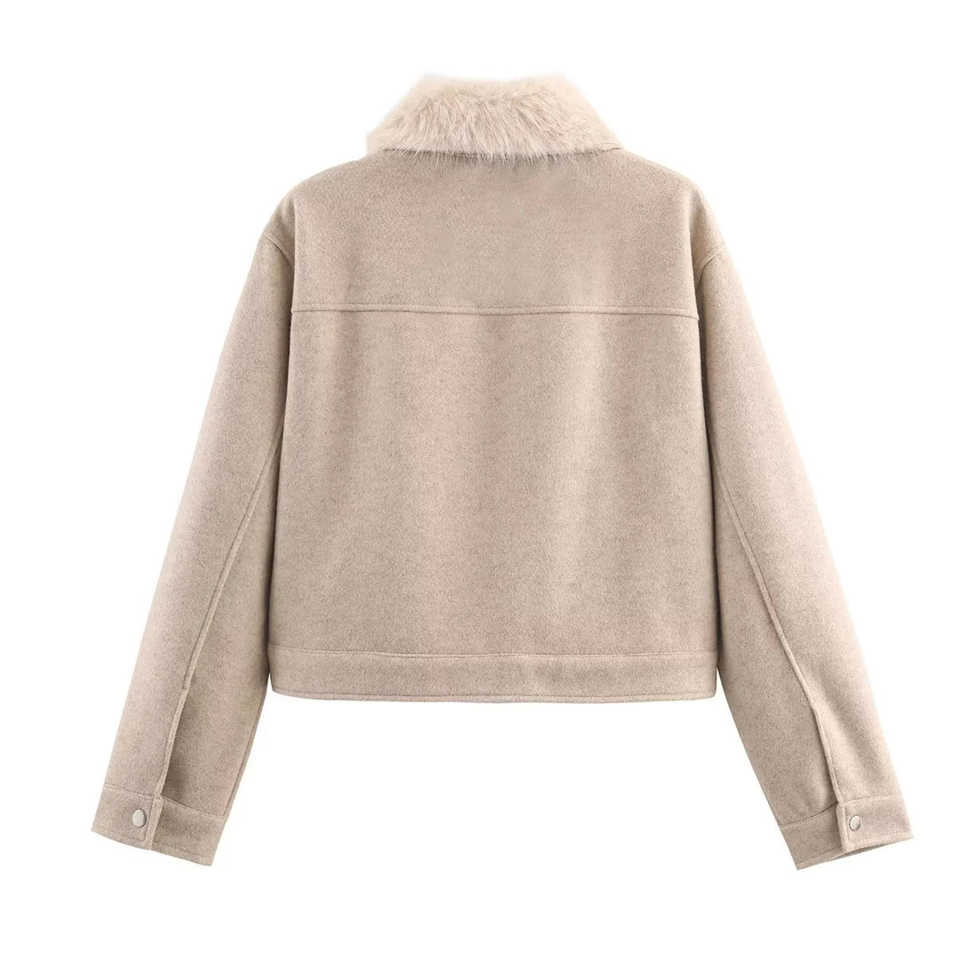 Damen nan kurzer Wollblouson mit abnehmbarem Kunstfellkragen, Brustklappen und verdeckter Druckknopfleiste Drune