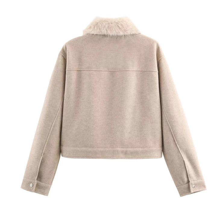 Damen nan kurzer Wollblouson mit abnehmbarem Kunstfellkragen, Brustklappen und verdeckter Druckknopfleiste Drune
