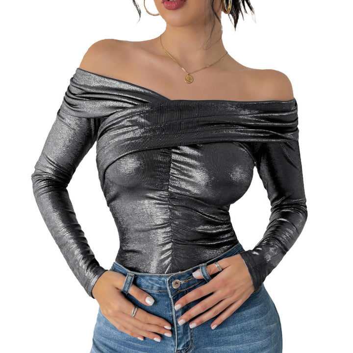 Damen Schulterfreies, glänzendes Metallic-Bodyshirt mit Mittelraffung & enganliegender Passform Drune
