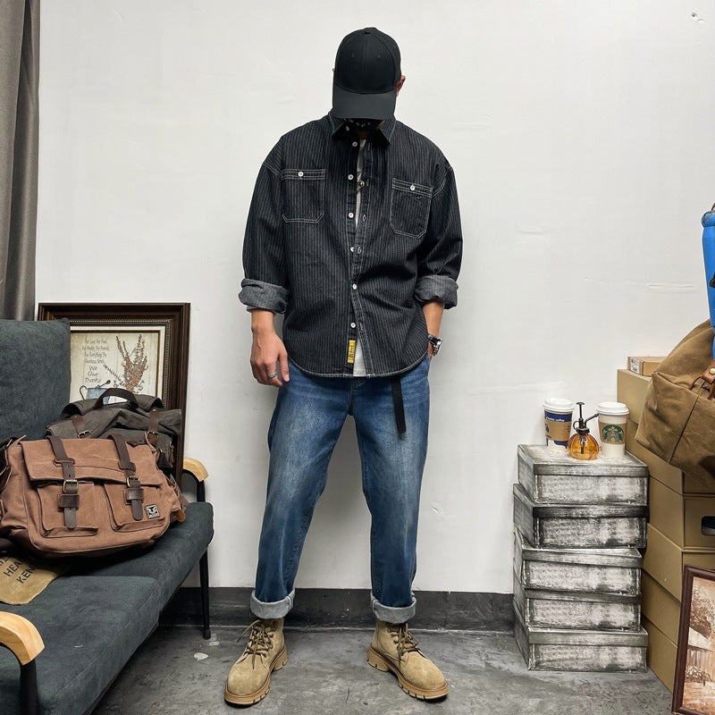 Herren Lässige Denim-Hemdjacke mit Streifen Drune