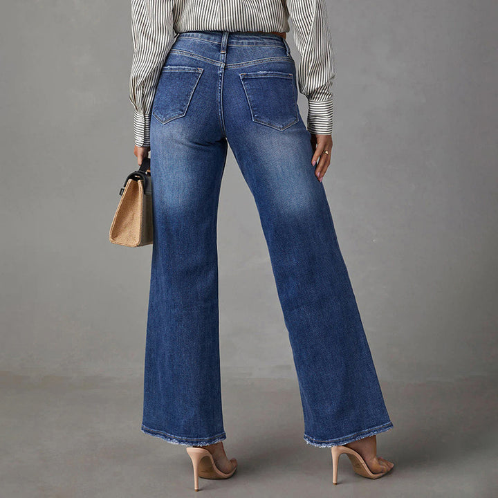 Damen High-Waist Denim-Schlaghose mit weitem Bein und leichter Vintage-Waschung Drune