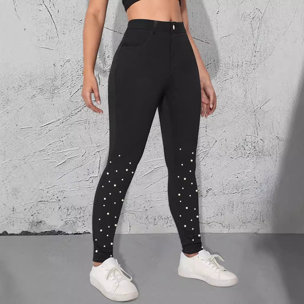 Damen High-Waist Stretch-Jeggings im Denim‑Look mit Perlen-Scatter Drune