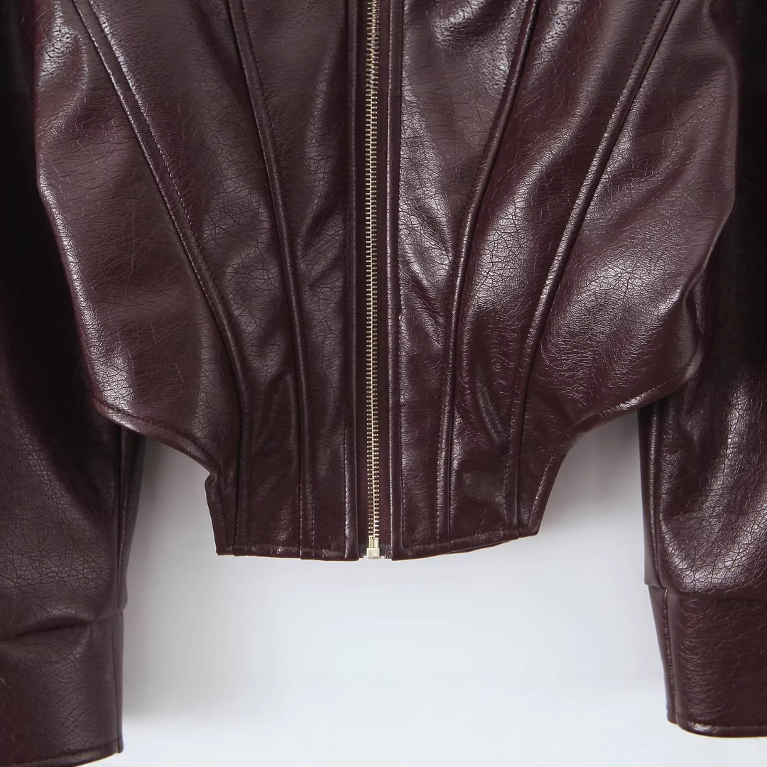 Damen Cropped-Lederjacke mit taillierter Korsett-Optik, Schulterriegeln und Reißverschluss Drune