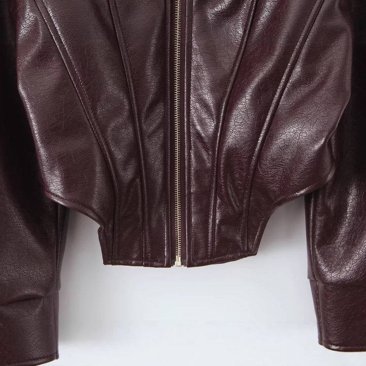 Damen Cropped-Lederjacke mit taillierter Korsett-Optik, Schulterriegeln und Reißverschluss Drune