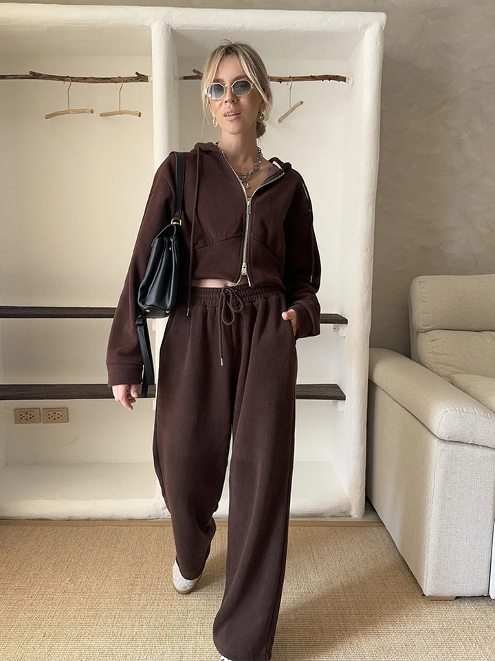 Damen Kurzgeschnittenes Zip-Hoodie mit Kordelzug‑Taille und weiter Palazzo‑Jogginghose Drune