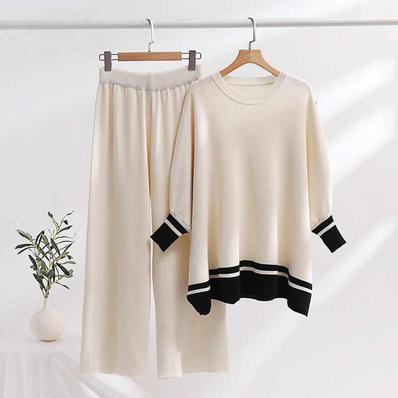 Damen lässiges Strick-Loungewear-Set mit modischem Kontrastsaum und weitem Schnitt Drune