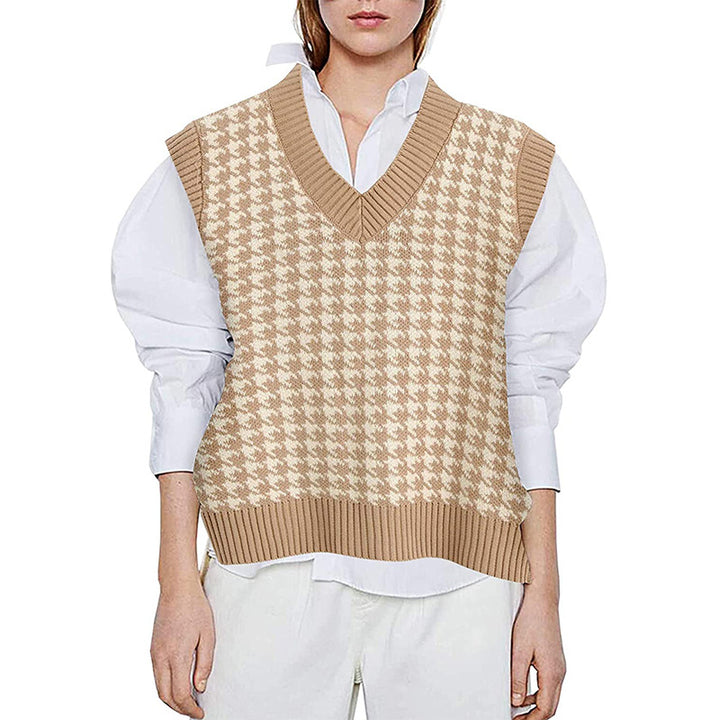 Damen Strickweste mit Hahnentritt-Muster, V-Ausschnitt und geripptem Saum Drune
