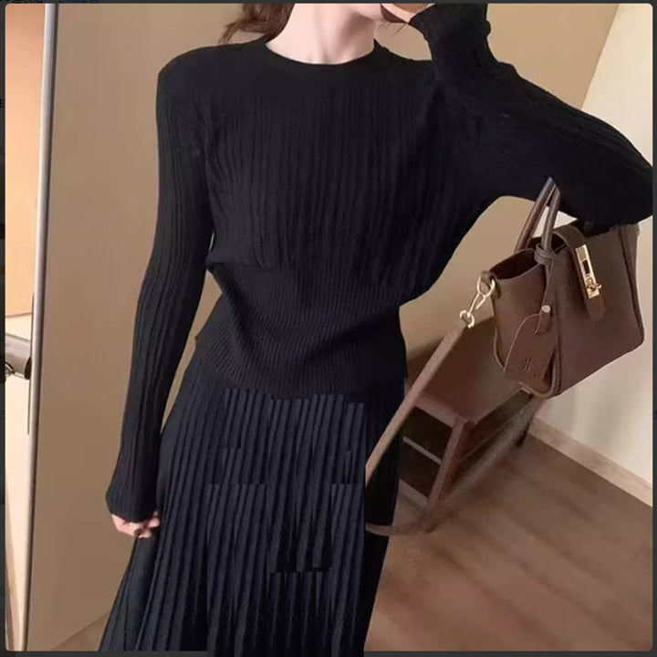 Damen Elegantes Plissee Maxikleid mit Strickpullover Drune