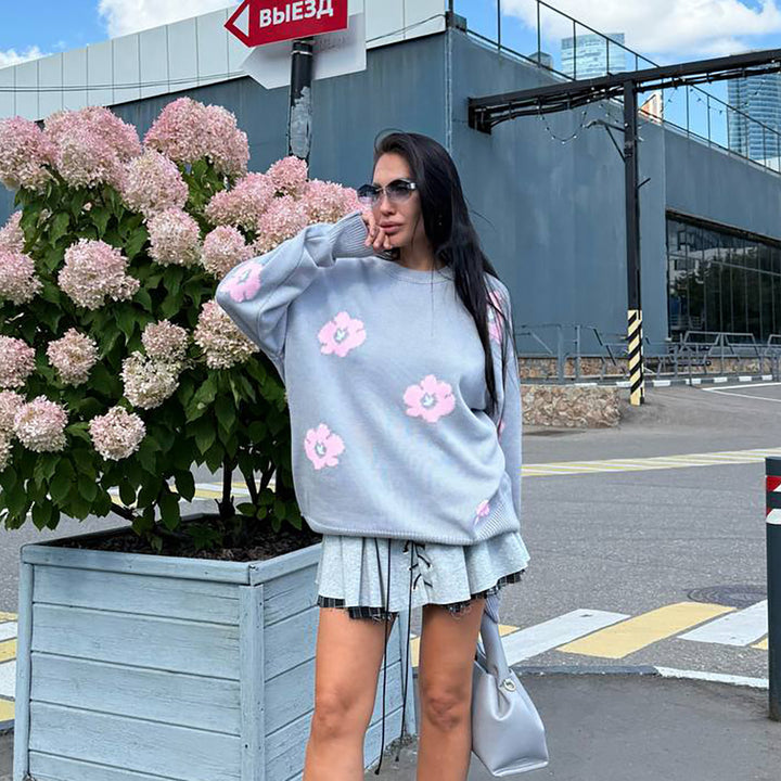 Damen Grob gestrickter Pullover mit Blumendesign Drune
