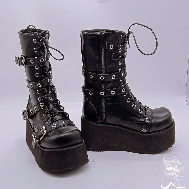 Damen plateau Combatstiefel mit Schnallen Ösen Schnürung und seitlichem Reißverschluss Drune