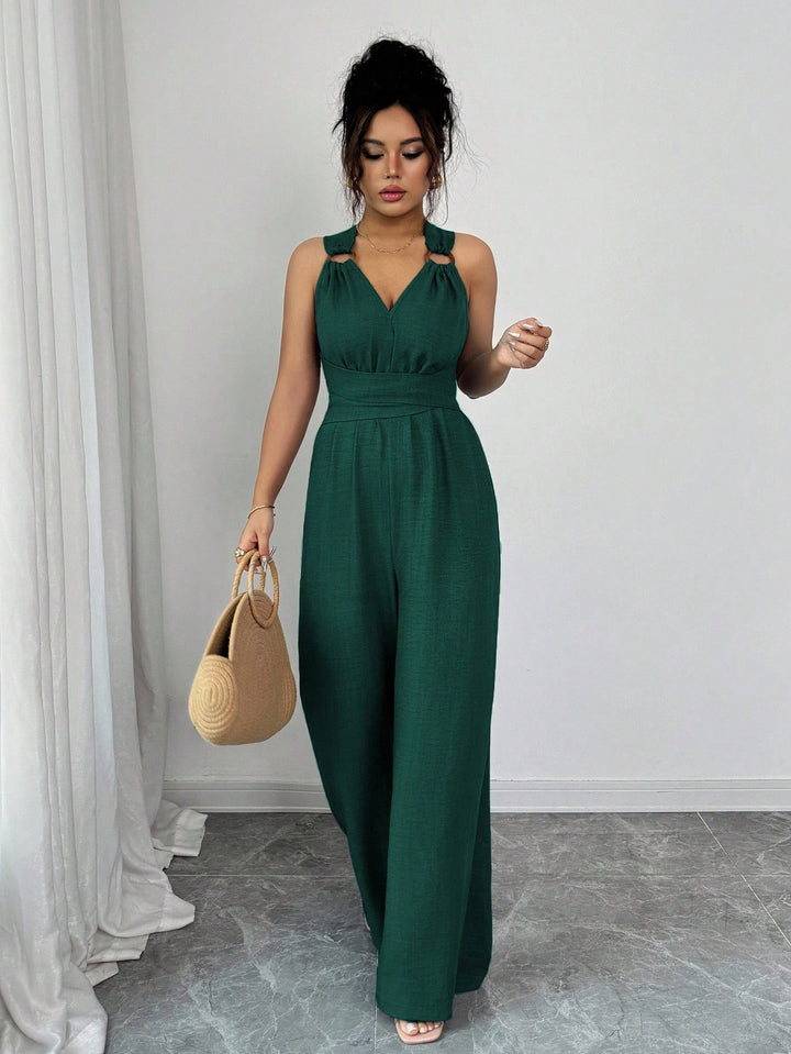 Damen Jumpsuit mit weitem Bein, tailliertem Wickelband und Ösen-Trägern Drune