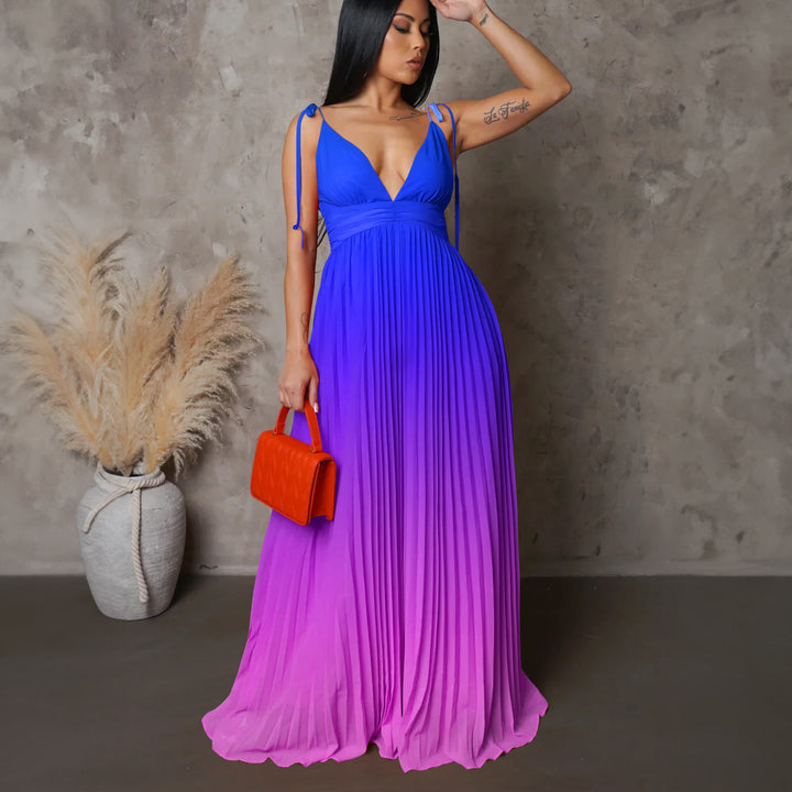 Damen Maxikleid mit tiefem V-Ausschnitt und elegantem Falten-Design Drune
