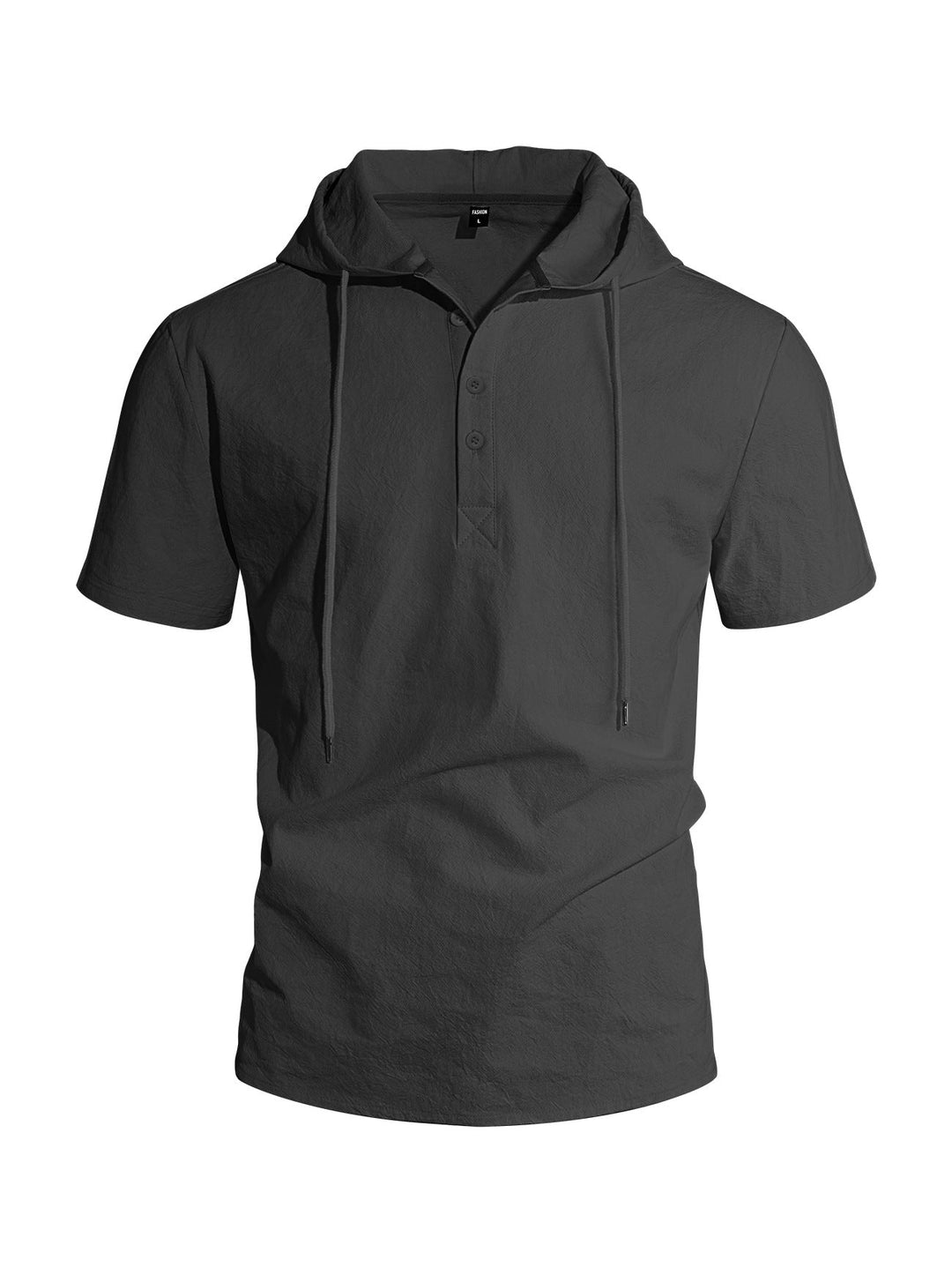 Herren nan kurzärmeliges Kapuzen-Henley aus Slub-Baumwolle mit verdeckter Knopfleiste und Kordelzug Drune