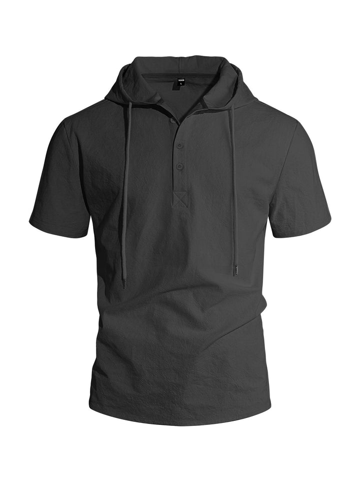 Herren nan kurzärmeliges Kapuzen-Henley aus Slub-Baumwolle mit verdeckter Knopfleiste und Kordelzug Drune