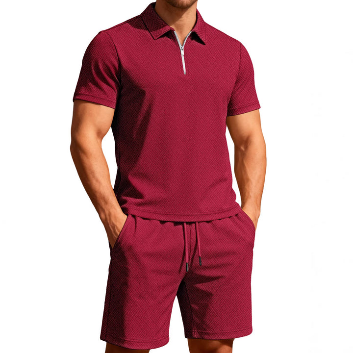 Herren nan komfortables Lounge-Zweiteiler aus strukturierter Baumwollmischung mit Halbzip-Poloshirt und Kordel-Shorts Drune