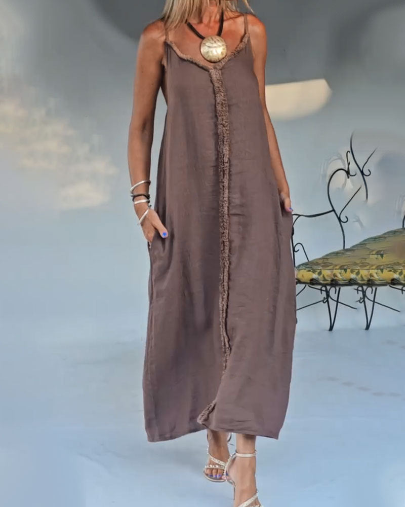 Damen nan luftiges Leinenoptik-Maxi-Trägerkleid mit fransiger Mittelnaht und Eingrifftaschen Drune