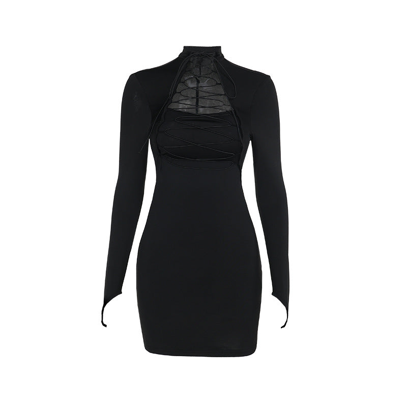Damen figurbetontes Langarmkleid mit asymmetrischem Rückenausschnitt und trendigen Schnürdetails Drune