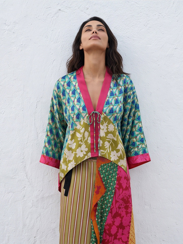 Damen Patchwork-Kimono-Top aus Seidenmix mit tiefem V‑Ausschnitt und Bindegürtel Drune