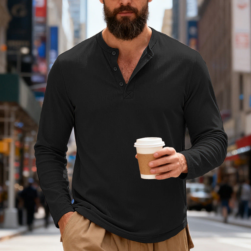 Herren nan Thermo-Henley-Langarmshirt mit Waffelstruktur, Rundhalsausschnitt und Knopfleiste Drune