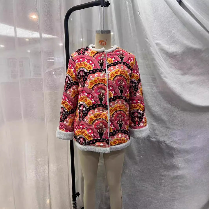 Damen nan gesteppte Kurzjacke mit Teddyfutter, Rundhals und Knopfverschluss Drune