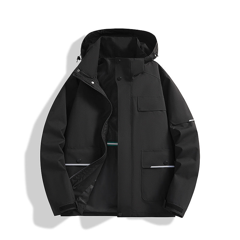 Herren dreilagige Trekkingjacke mit verschweißten Nähten, Kapuze und Multifunktionstaschen Drune