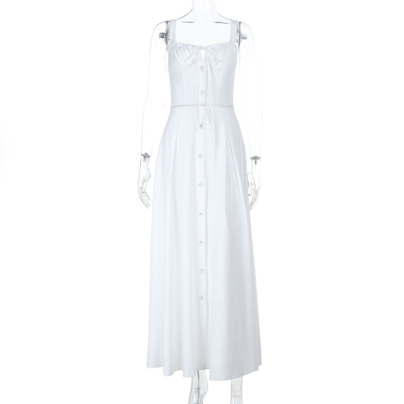 Damen langes Sommerkleid mit tailliertem Oberteil und eleganten Knopfdetails Drune