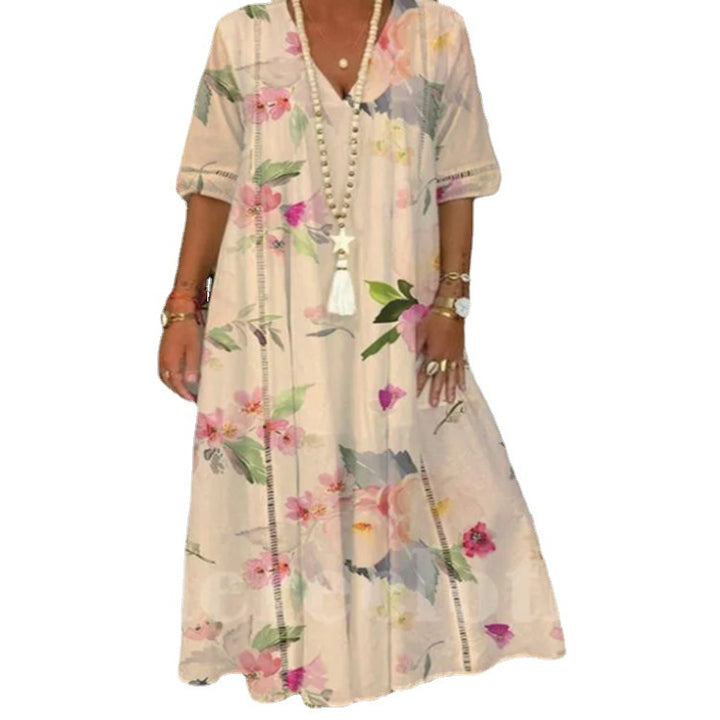 Damen nan locker fließendes Kaftan-Midimaxikleid mit V-Ausschnitt, ajourbesetzten Bahnen und leichter Leinenmisch-Qualität Drune