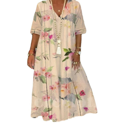 Damen nan locker fließendes Kaftan-Midimaxikleid mit V-Ausschnitt, ajourbesetzten Bahnen und leichter Leinenmisch-Qualität Drune