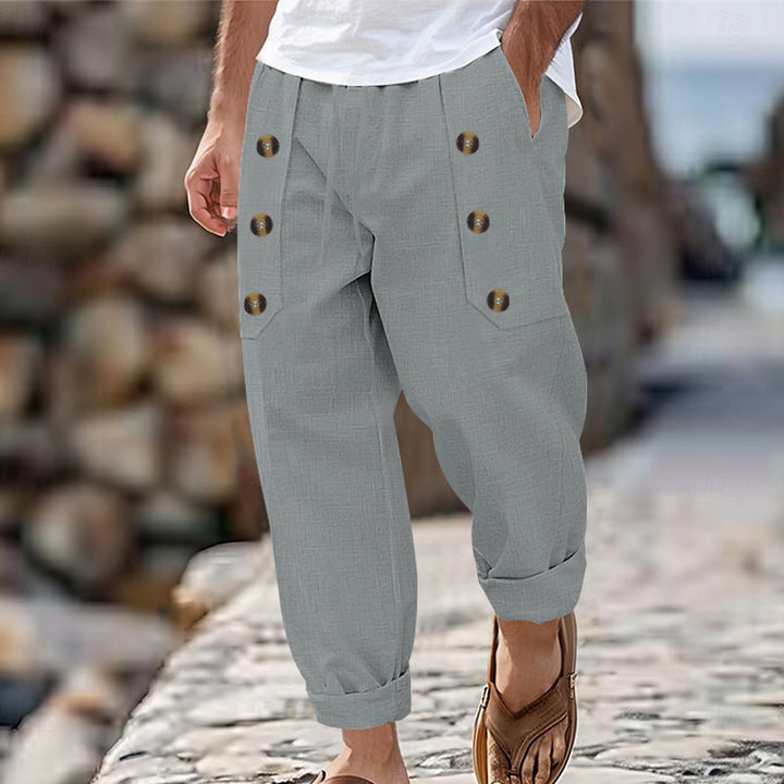 Herren Bequeme Leinenhose mit seitlichen Knöpfen und elastischem Bund Drune