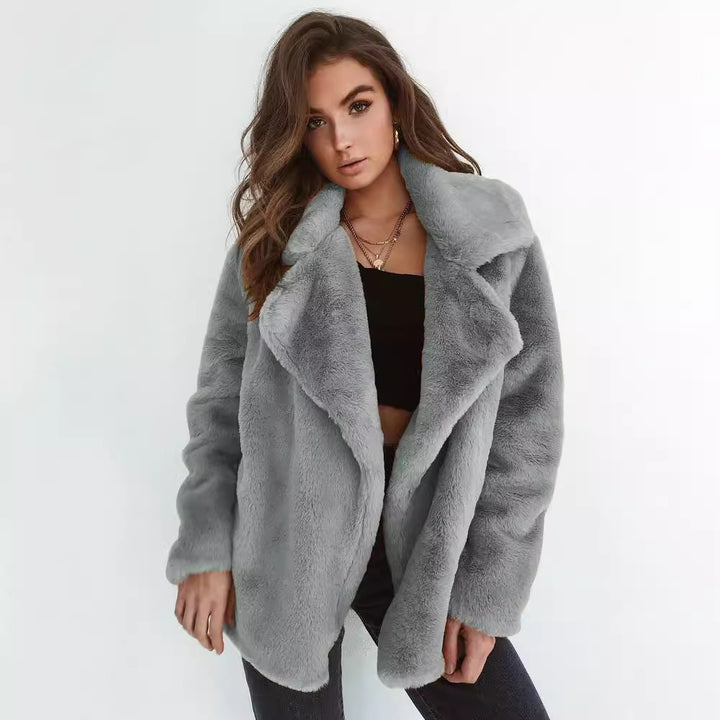 Damen Kuscheliger Oversized Kunstpelz-Mantel mit großem Reverskragen Drune