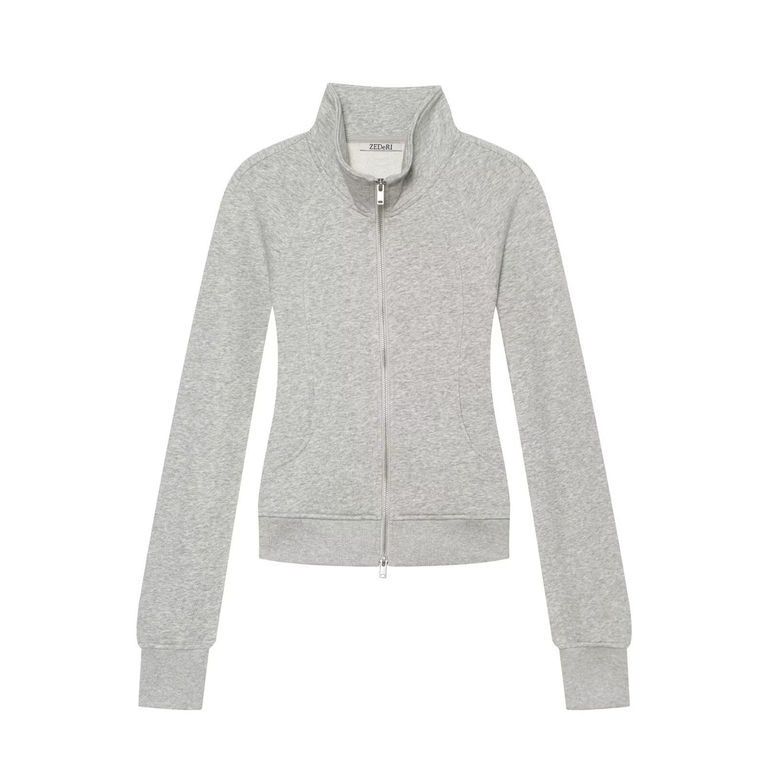 Damen Taillierter Sweatshirtcardigan mit durchgehendem Reißverschluss, Stehkragen und Raglanärmeln Drune