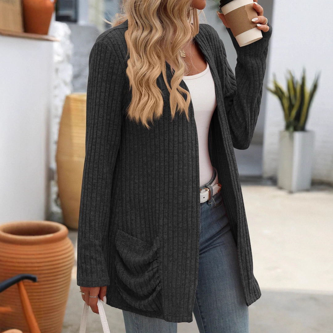 Damen Gerippter Longcardigan mit offenen Kanten, Eingrifftaschen und lockerer Passform Drune