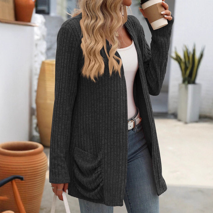 Damen Gerippter Longcardigan mit offenen Kanten, Eingrifftaschen und lockerer Passform Drune